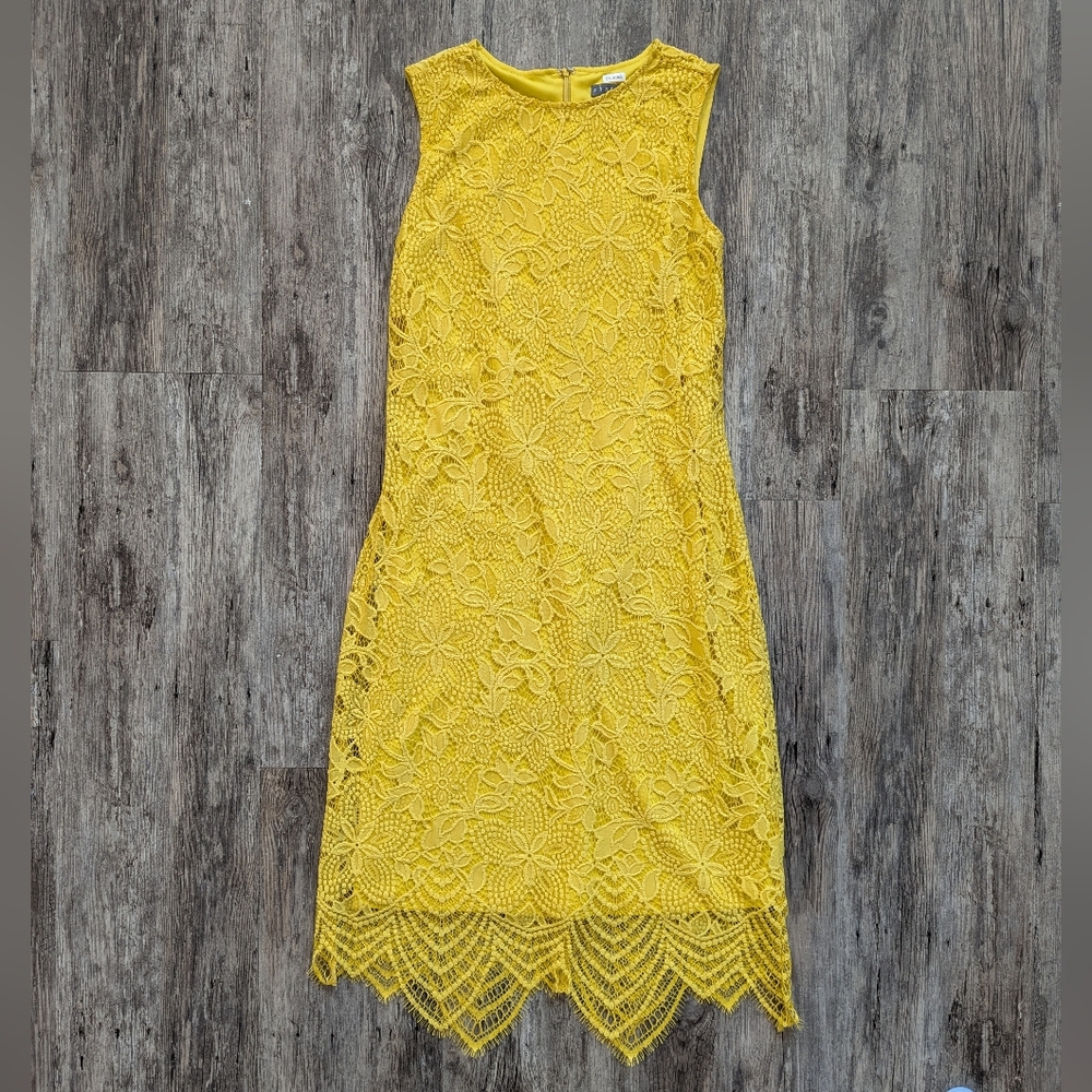 Sharagano - Midi Retro Slip Dress Floral Lace Overlay Sunflower Yellow